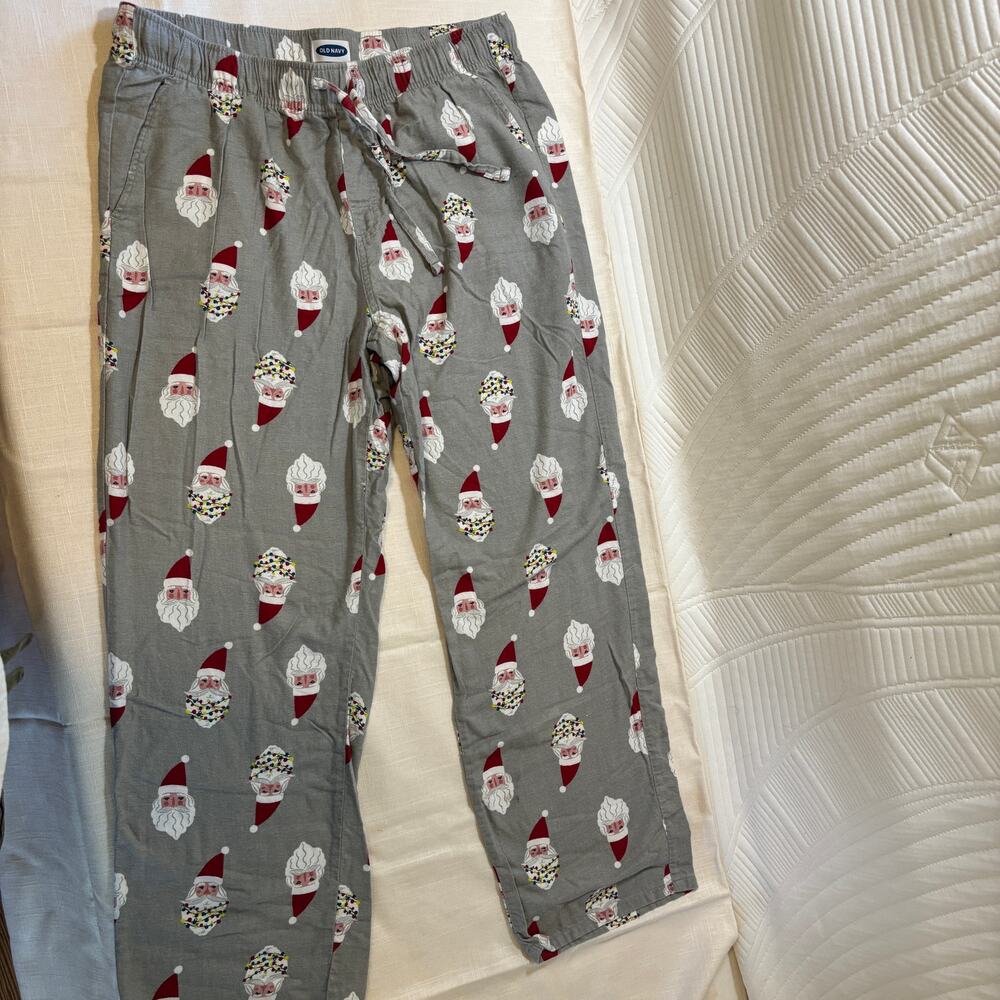 Old Navy Unisex L Christmas Pajama Pants Santa Print 100% Cotton Gray Holiday